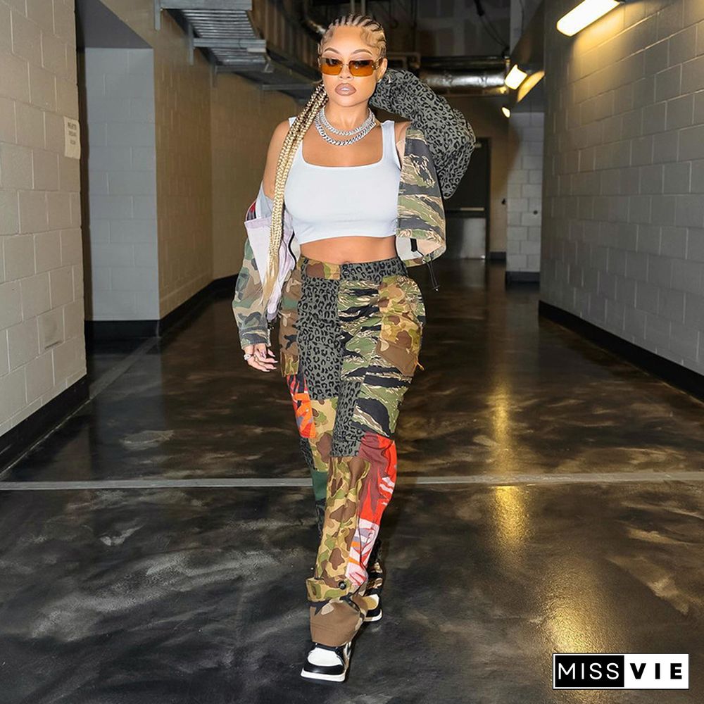 High Waist Straight Pockets Camouflage Pants