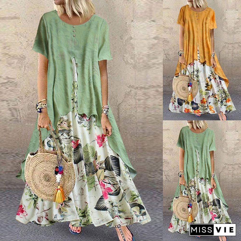 Women's Vintage Round Neck Short Sleeve Floral Print Dress Ladies Long Maxi Dress