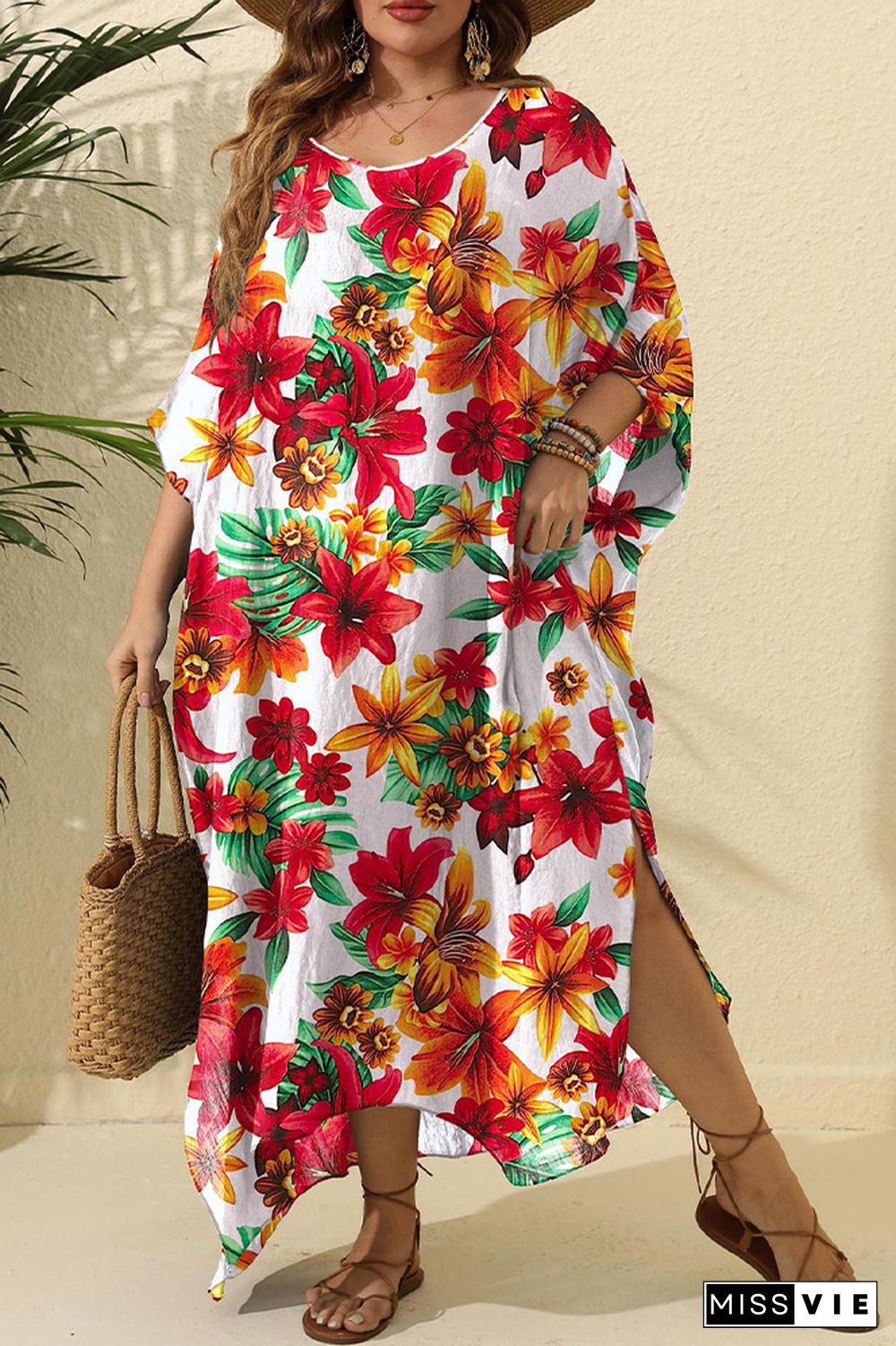 Red Floral Oversize Kimono Cover Up Dress