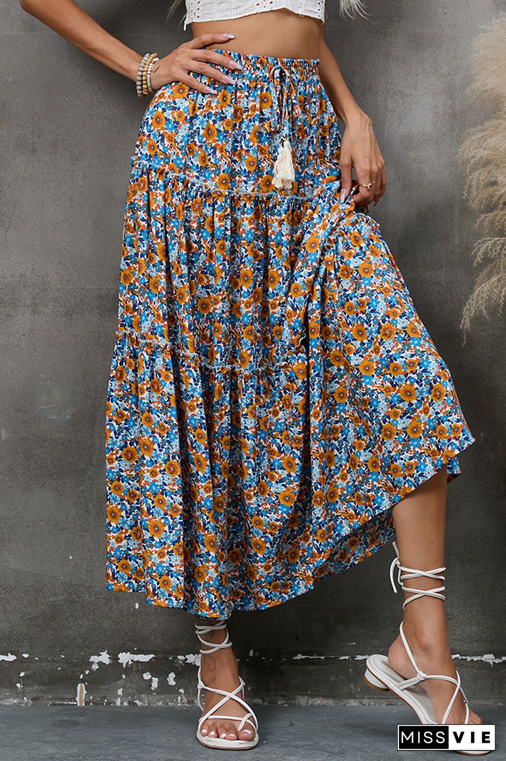 High Waist Draswstring Boho Flower Print Splicing Skirt Dress