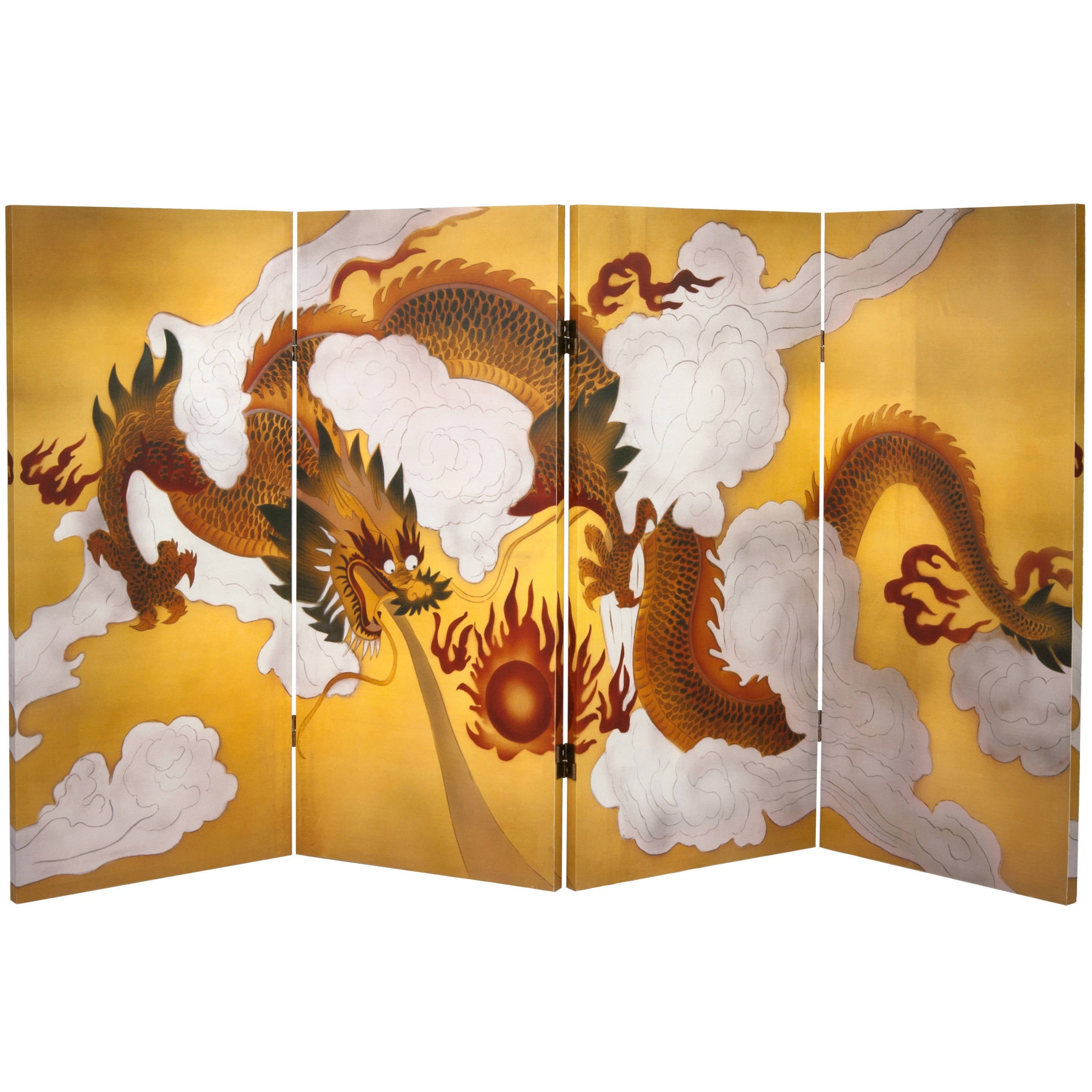 Oriental Furniture 3 Ft Tall Double Sided "Dragon in the Sky" Canvas Room Divider, 4 panel, printed on canvas, wood, traditional