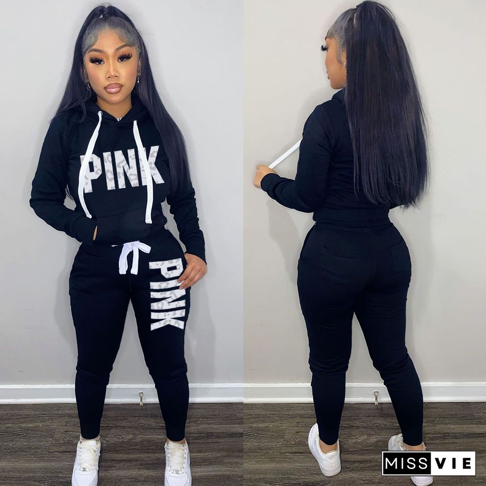 PINK Letter Print Hoodie Sweatshirt 2 Piece Pants Sets