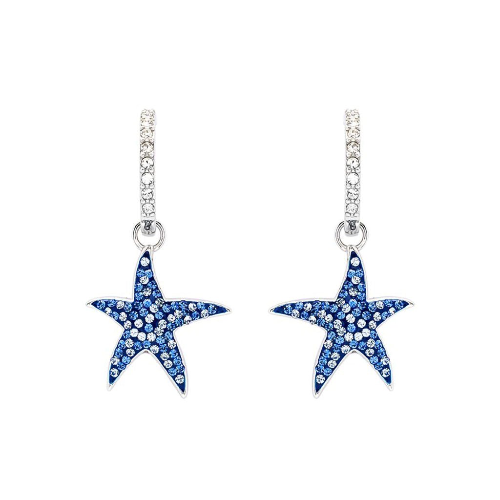 Ocean  Sterling Silver Sapphire Blue Crystals Starfish Hoop Earrings