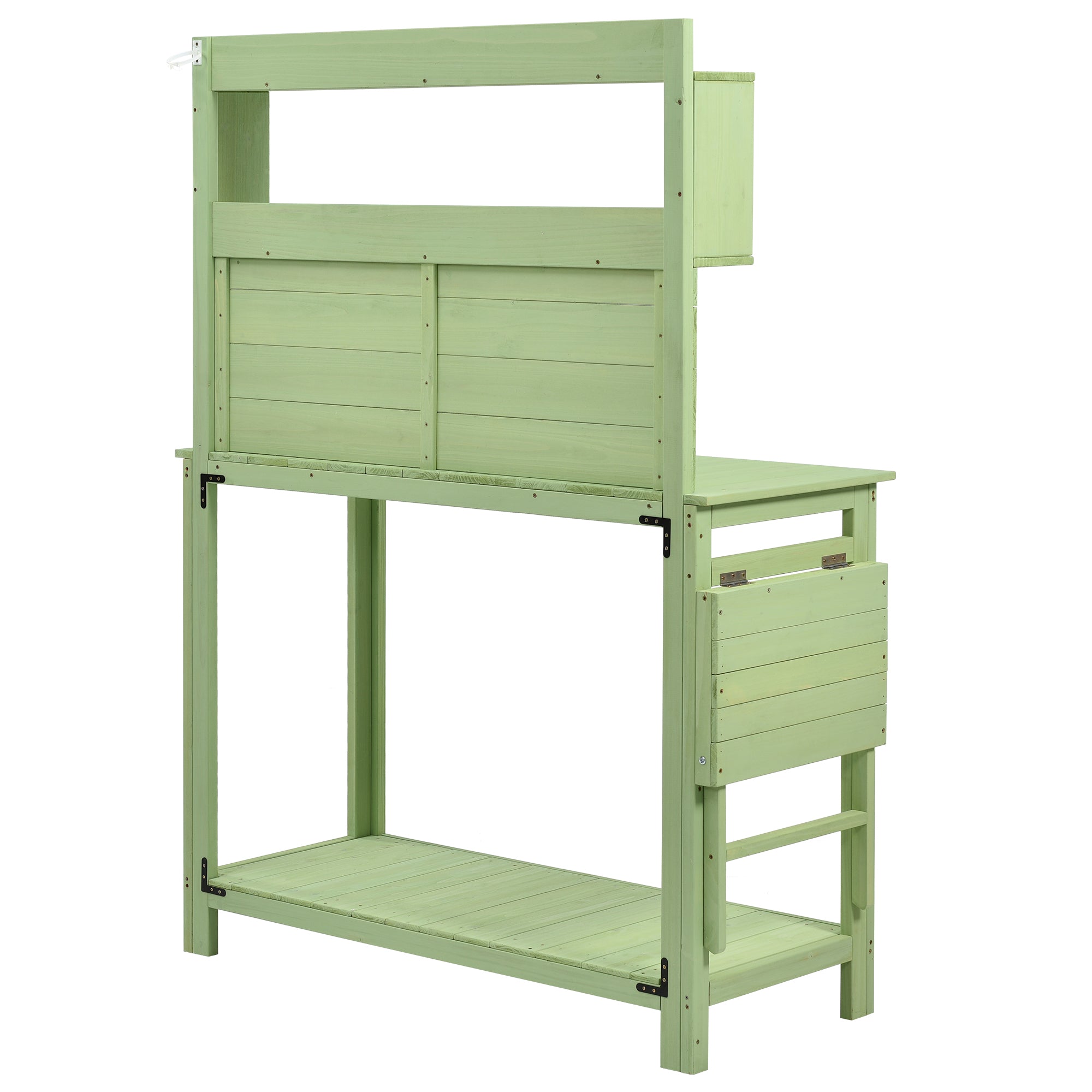 CoSoTower 65Inch Garden Wood Workstation Backyard Potting Bench Table With Shelves, Side Hook And Foldable Side Table, Green