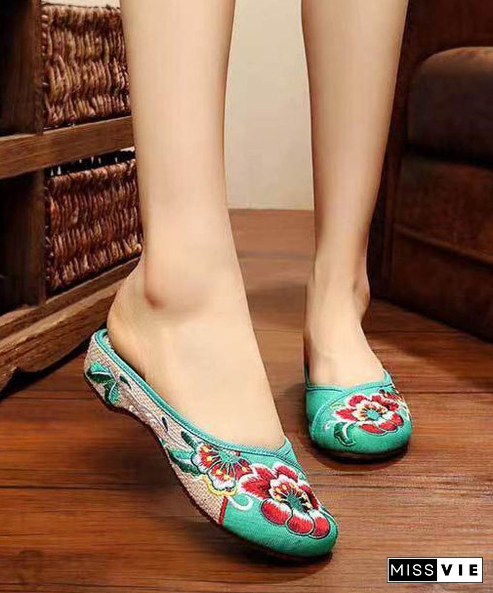 Green Cotton Fabric Retro Embroidery Splicing Slide Sandals