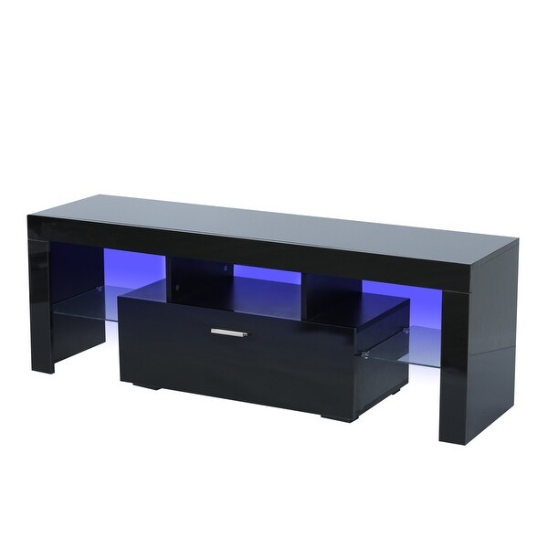 Morden RGB LED Light High Glossy TV Stand Cabinet with 1 Center Down Open Tie-Rod Big Storage Drawer and 2 Side Glass Shelf