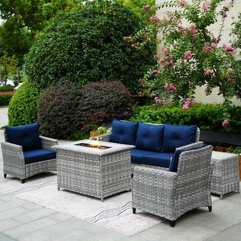 5 Piece Patio Wicker Sofa Set with Firepit Table and Rain cover