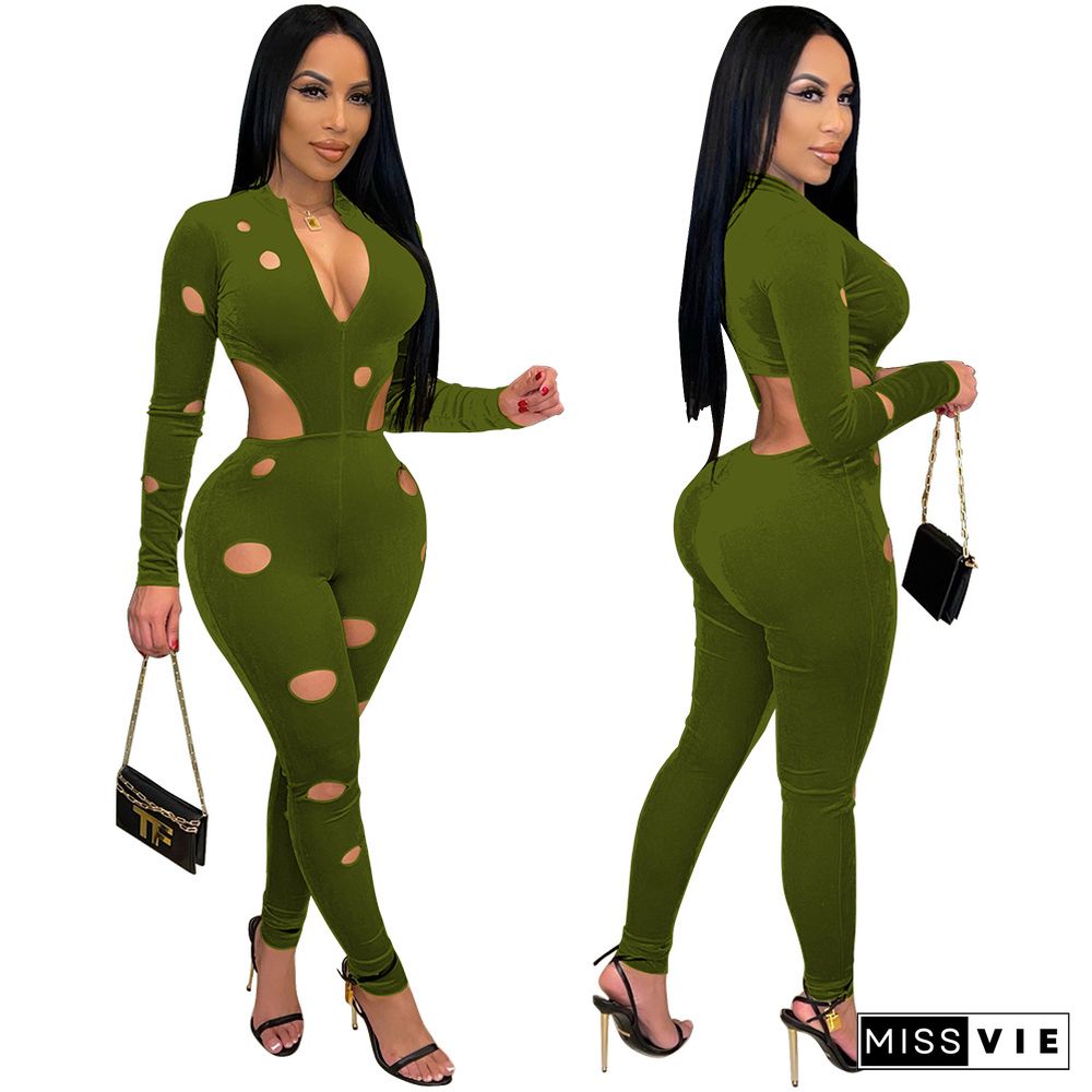 Hollow Hole Long Sleeve Bodycon One Piece Jumpsuit