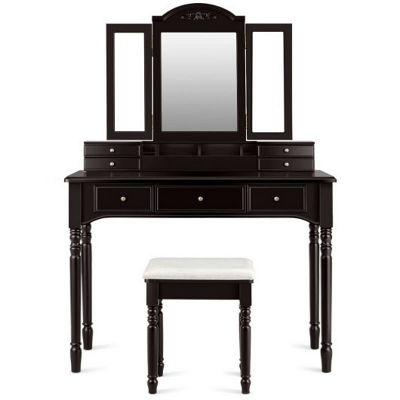 Makeup Dressing Table with Tri-Folding Mirror and Cushioned Stool for Women