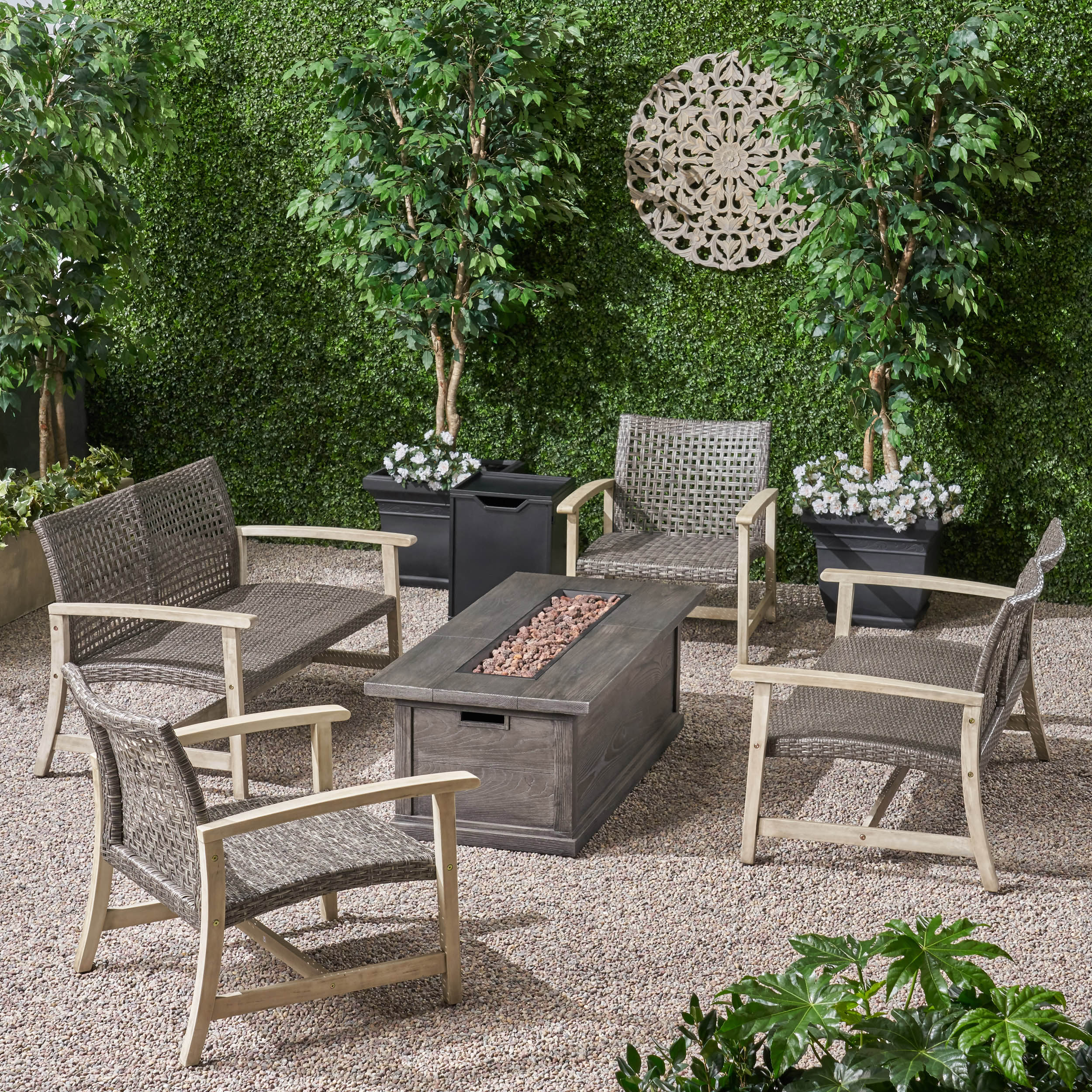 Rachel Outdoor 6 Piece Wood and Wicker Chat Set with Fire Pit