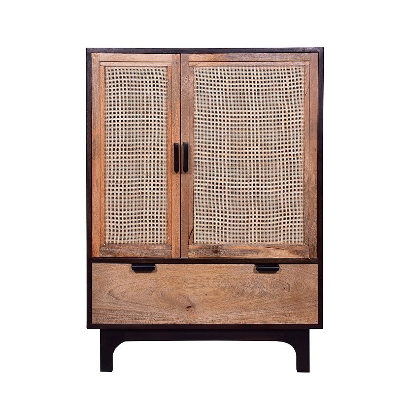 42 Inch Mango Wood Armoire Storage Cabinet， 2 Cane Rattan Woven Doors， 1 Drawer， Brown， Black