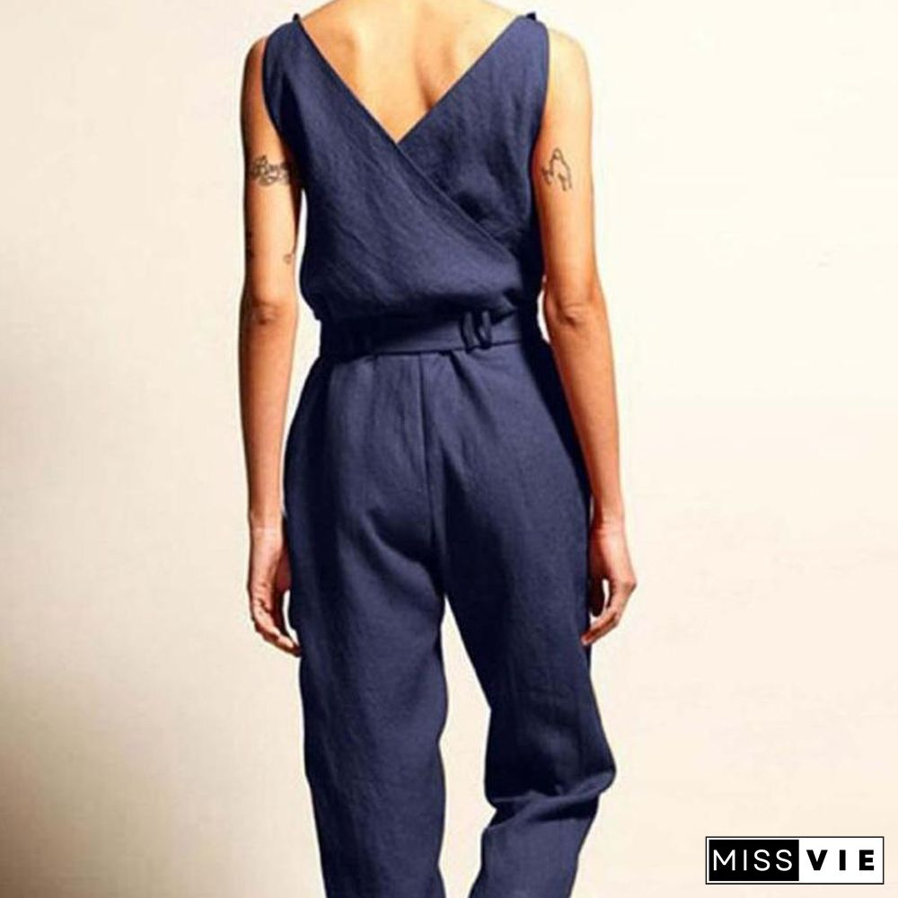 V-Neck Waistband Women's Casual Jumpsuit