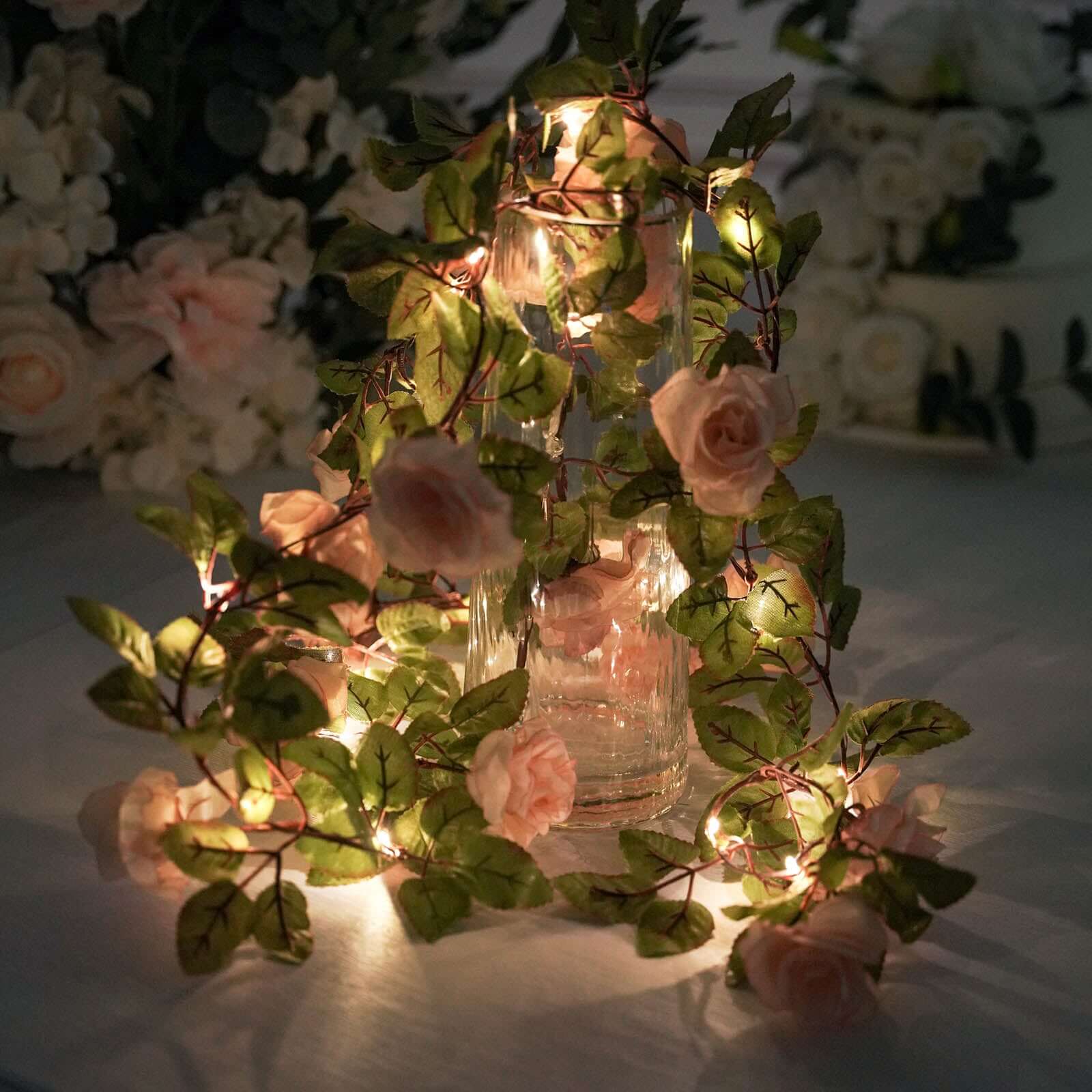 20 LED Blush Silk Rose Flower Garland Vine String Lights, Warm White Battery Operated 7ft