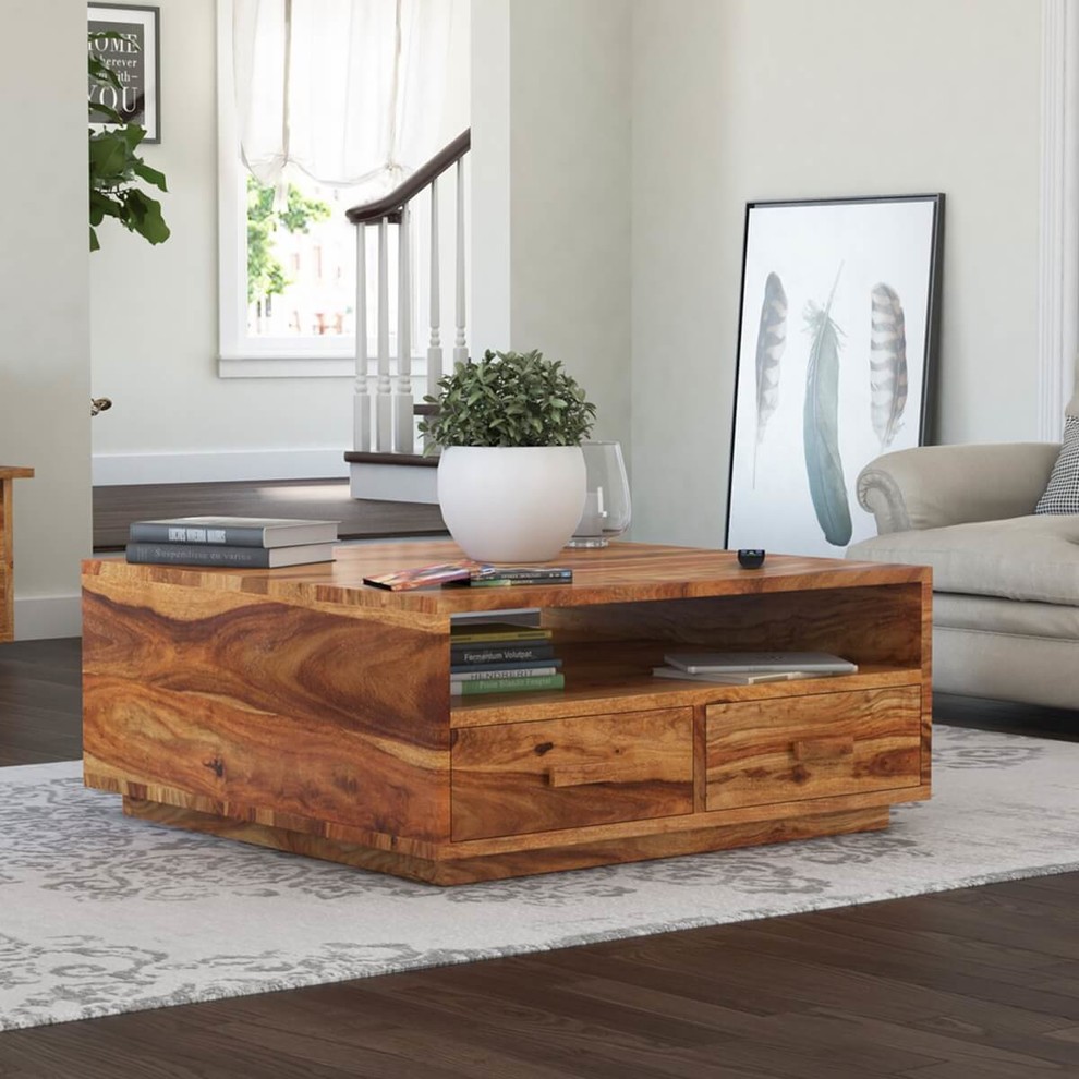 Delaware Rustic Solid Wood Square Coffee Table with 4 Drawers   Rustic   Coffee Tables   by Sierra Living Concepts Inc  Houzz