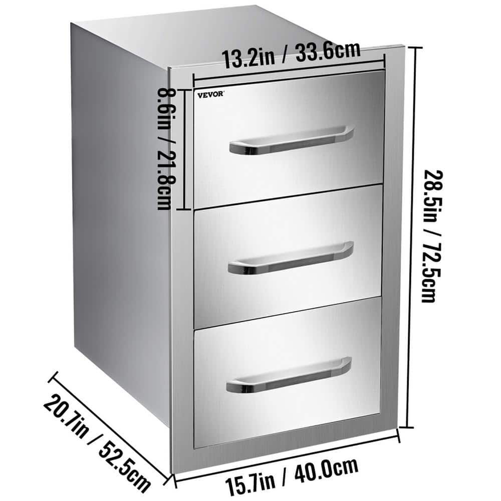 VEVOR 16 in. W x 28.5 in. H x 20.5 in. D Outdoor Kitchen Drawers Stainless Steel Flush Mount Triple BBQ Access Drawers CTG29X16X21.70001V0