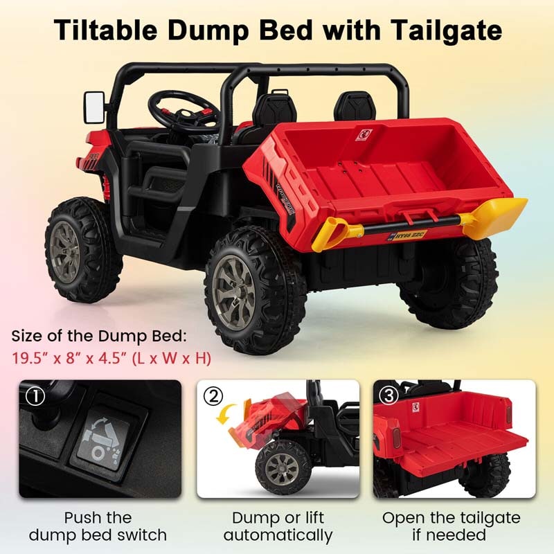 2-Seater Kids Ride On Car, 12V Battery Powered Off-Road UTV Dump Truck with Electric Dump Bed & Shovel