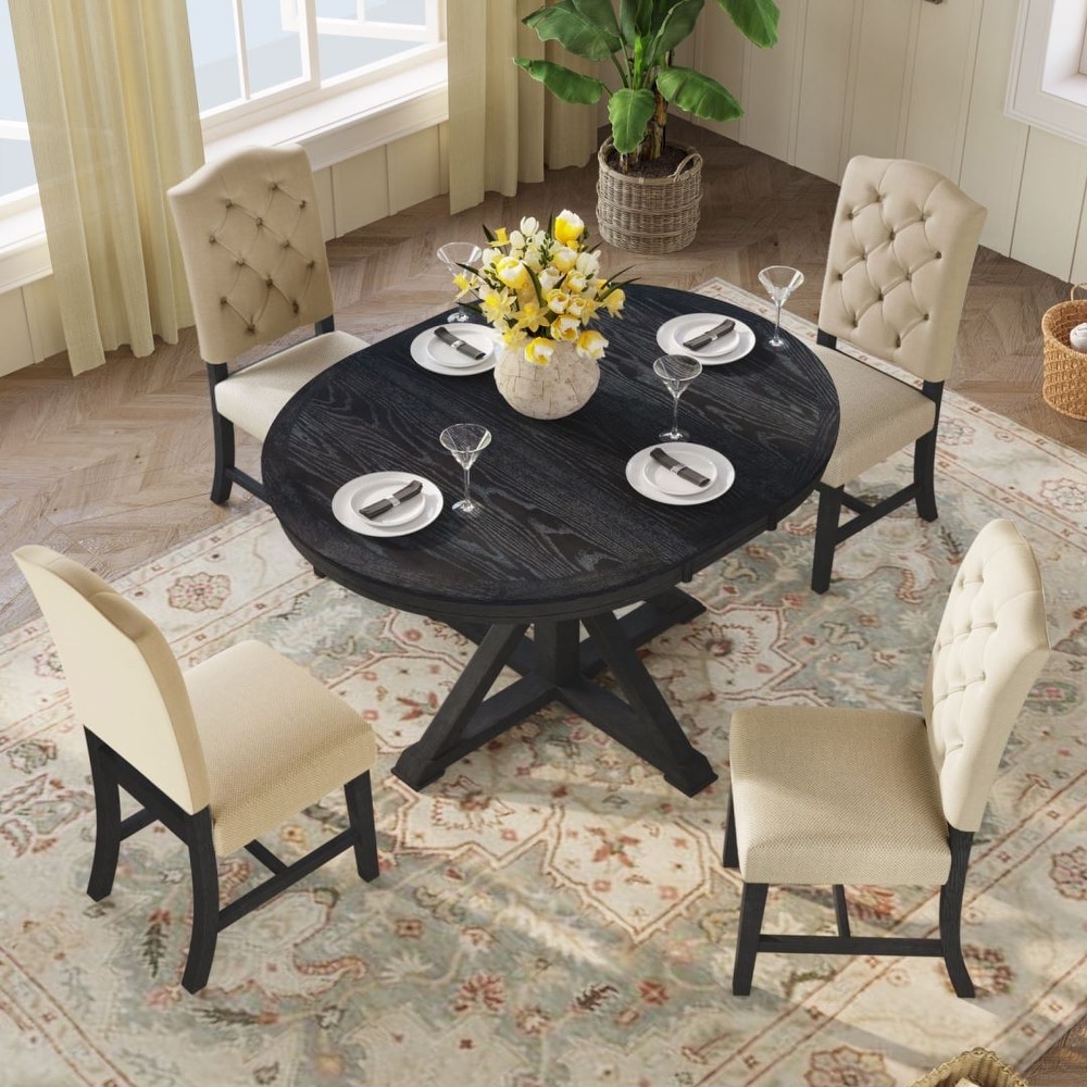 Retro Style Dining Table Set with Extendable Table and 4 Upholstered Chairs