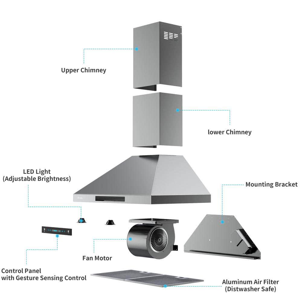 HisoHu 2953 in 780 CFM Ducted Wall Mount Range Hood in Stainless Steel With Gesture Sensing Control Function