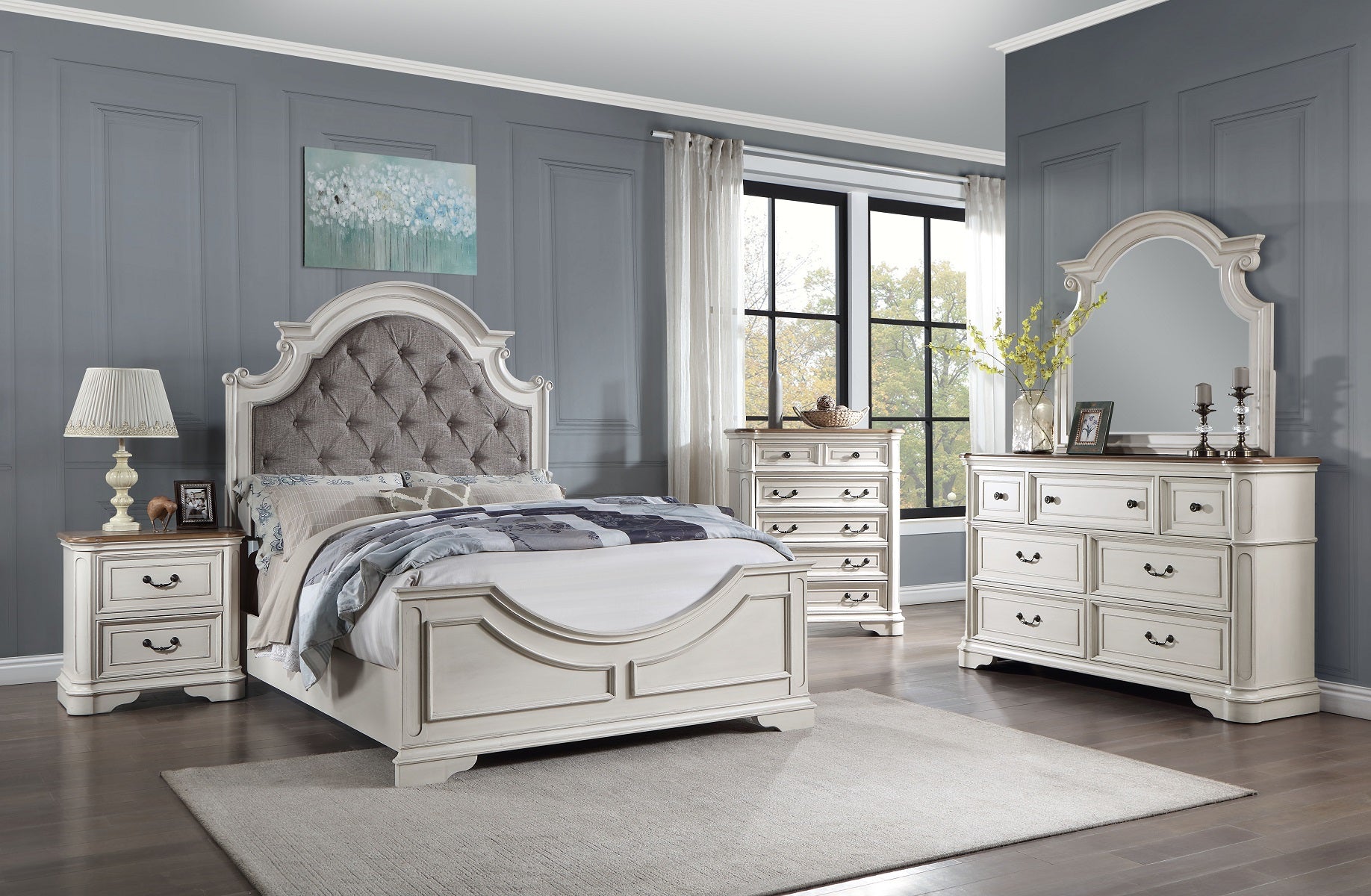 Florian Vintage Wood Eastern King Bed Frame with Upholstered Headboard with Button Tuft, Panel Footboard, Gray Fabric & Antique White Finish, Eastern King Bed