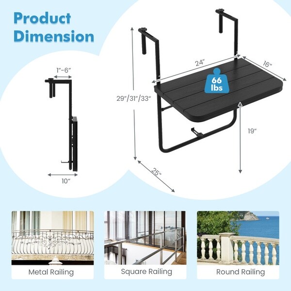 Folding Hanging Table with 3Level Adjustable Height for Patio Balcony