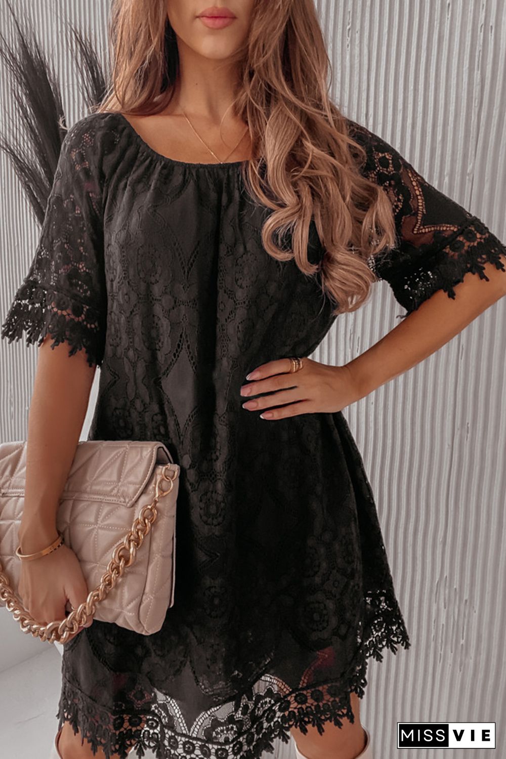 Black Round Neck Short Sleeve Loose Lace Dress