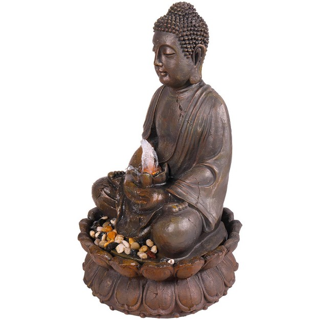 Led Lit Resin Buddha Sculptural Fountain Light Brown