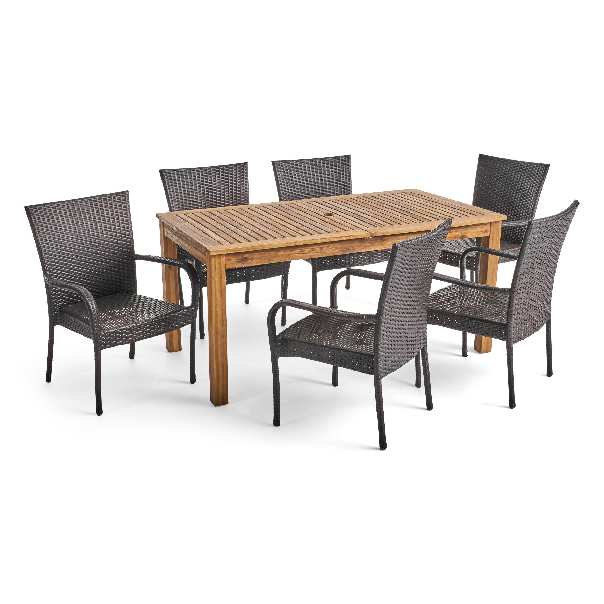 Ellis Outdoor 7 Piece Wood and Wicker Expandable Dining Set