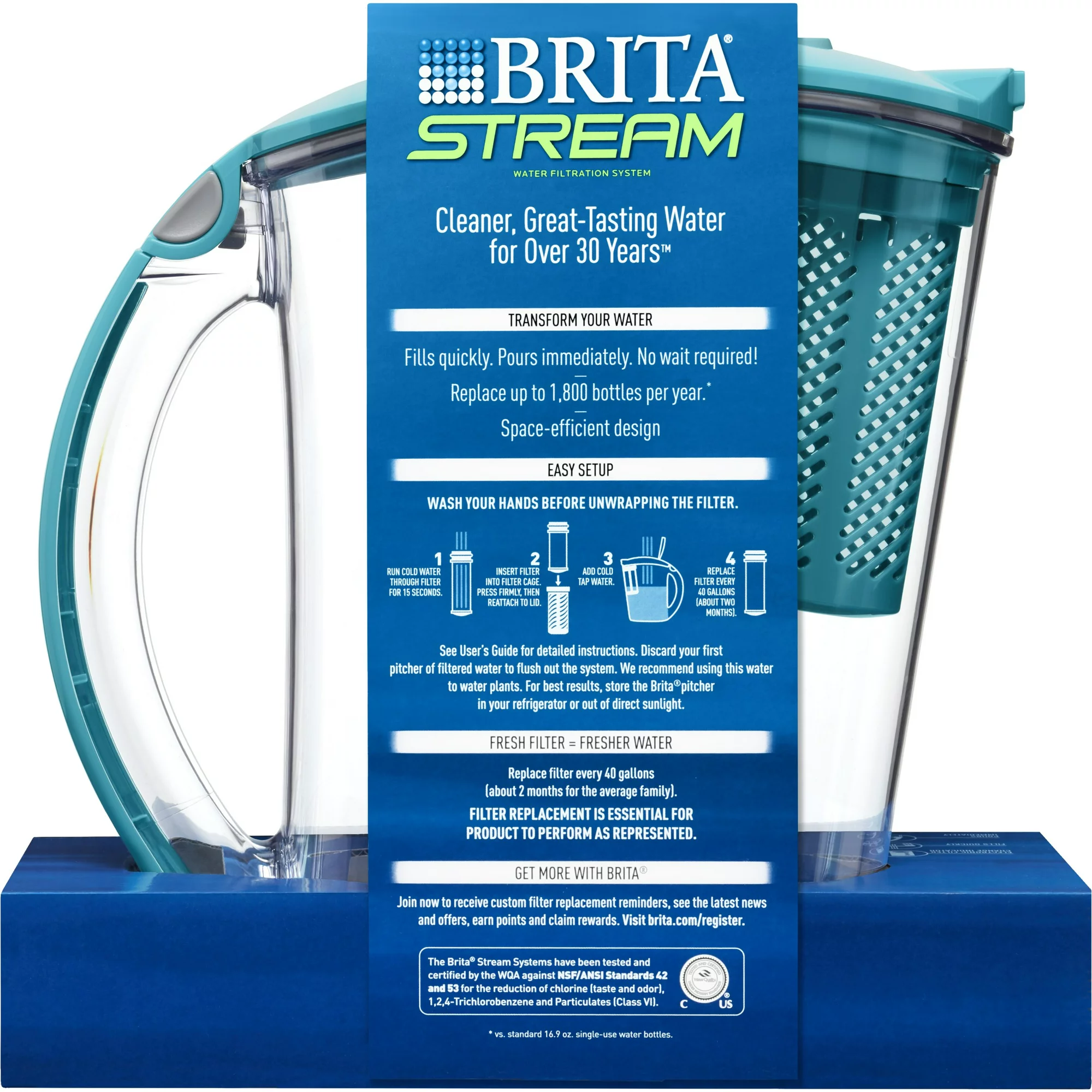 Brita Stream Filter as You Pour Water Pitcher， 10 Cup - Lake Blue