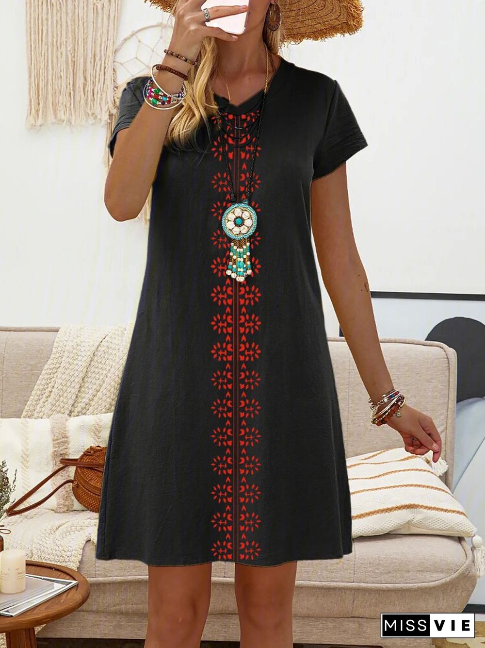 Spring And Summer New V-neck Short Sleeve Printed Cotton Linen Dress Women's Fashion Leisure Retro Women's Wear Dresses