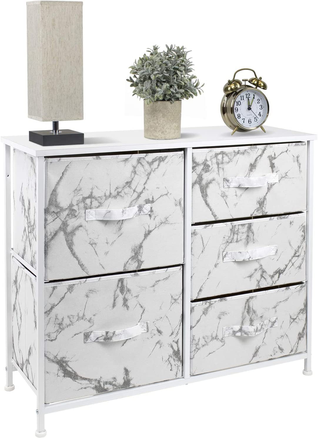 Sorbus Dresser with 5 Drawers- White Frame, White Marble Drawers