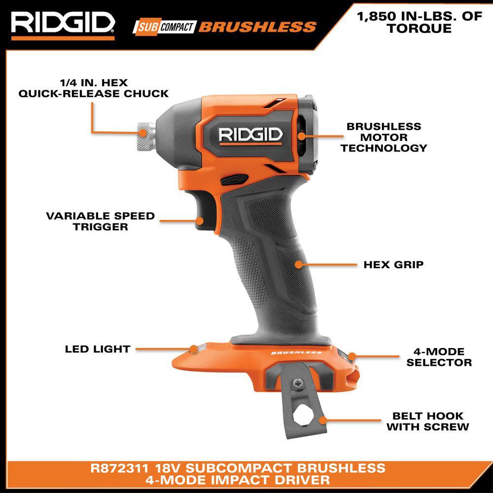 RIDGID 18V SubCompact Brushless 2-Tool Combo Kit with DrillDriver Impact Driver (2) 2.0 Ah Batteries Charger and Tool Bag R97801