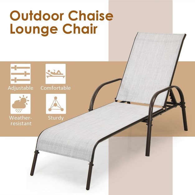 Outdoor Patio Lounge Chair Chaise Fabric Adjustable Reclining Armrest Pool Grey