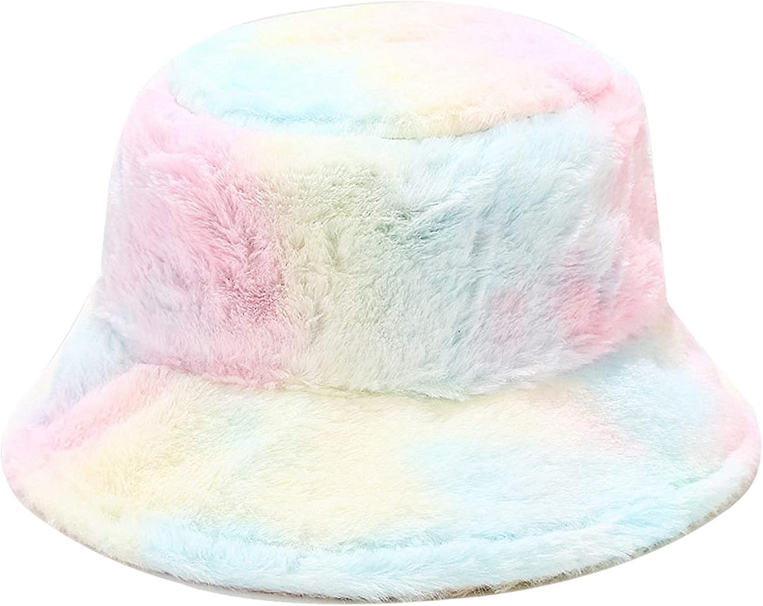 Winter Faux Fur Bucket Hat Fluffy Warm Hat For Women Men Rainbow -