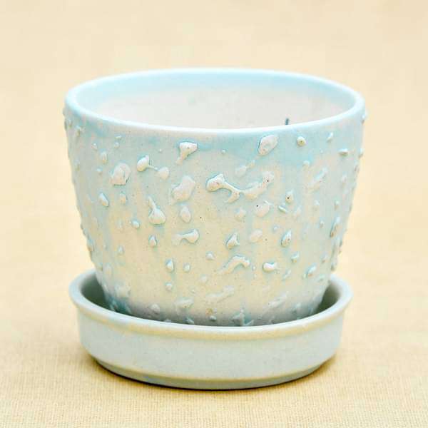 3.7 inch (9 cm) CP018 Embossed Round Egg Ceramic Pot With Plate (Aqua Blue) (set of 2)