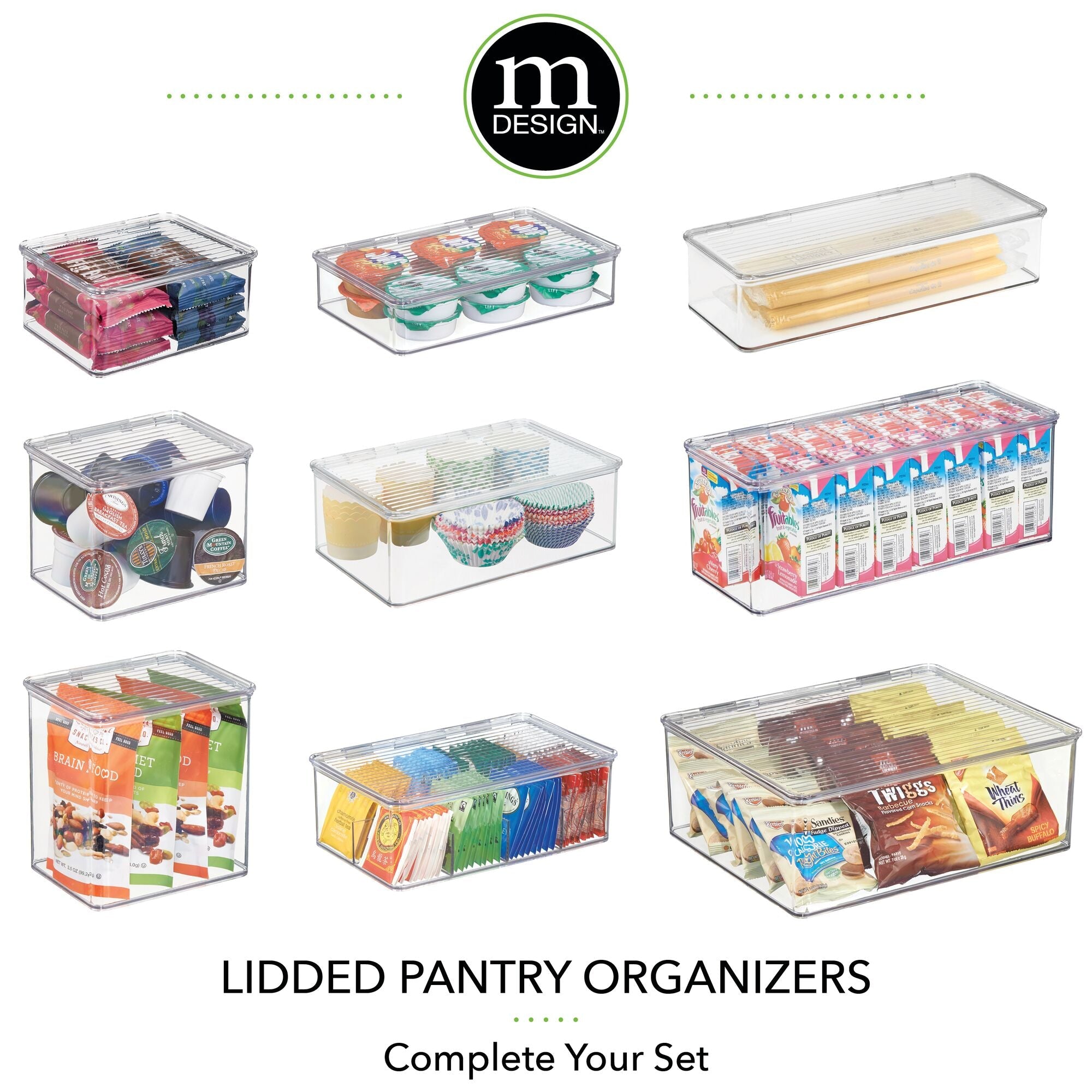 mDesign Plastic Kitchen Pantry and Fridge Storage Organizer Box Containers with Hinged Lid for Shelves or Cabinets, Holds Food, Snacks, Canned Drinks, Seasoning, Condiments, or Utensils, 4 Pack, Clear