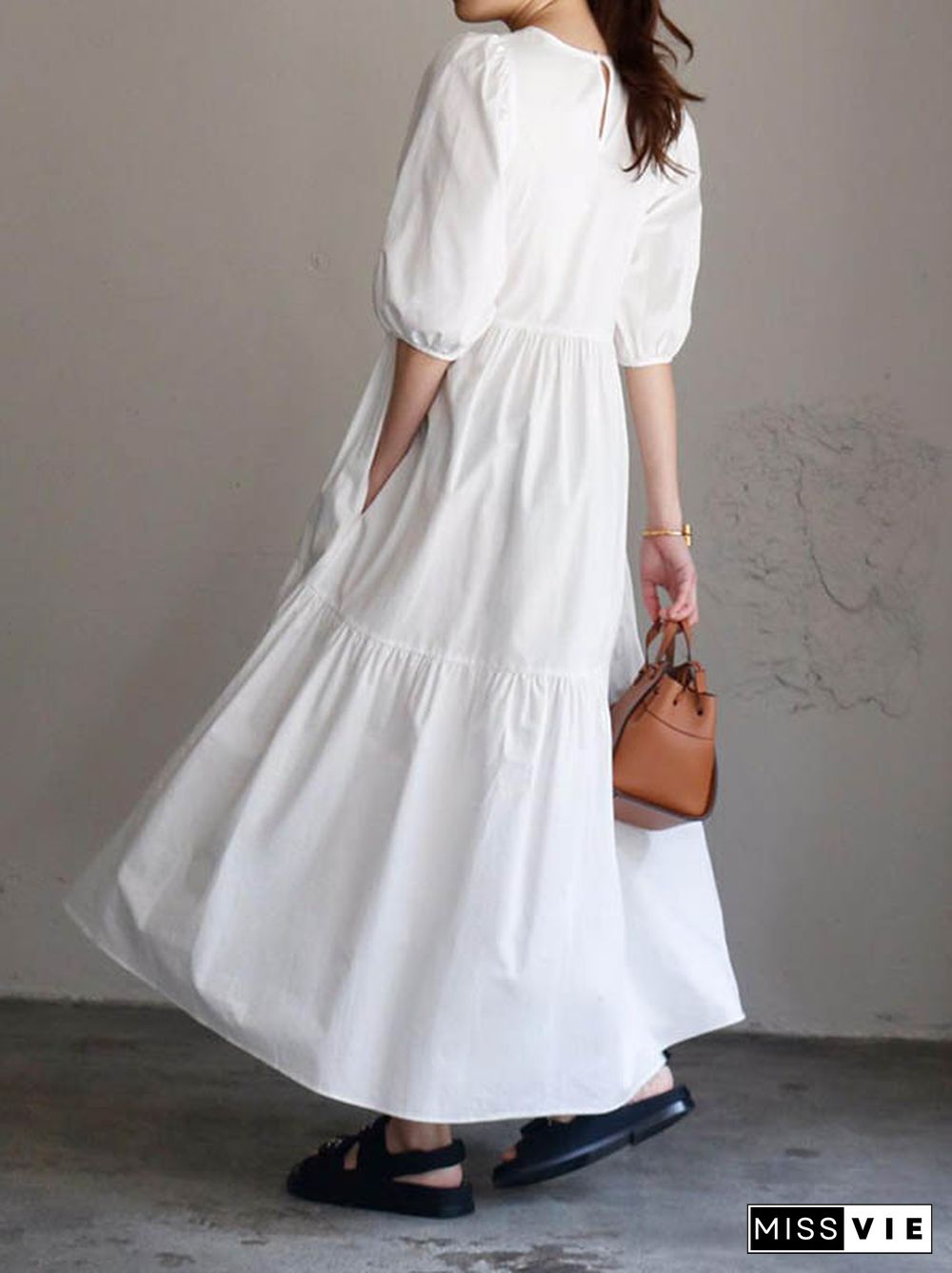 Half Sleeves Puff Sleeves Breathable See-Through Solid Color Round-Neck Midi Dresses