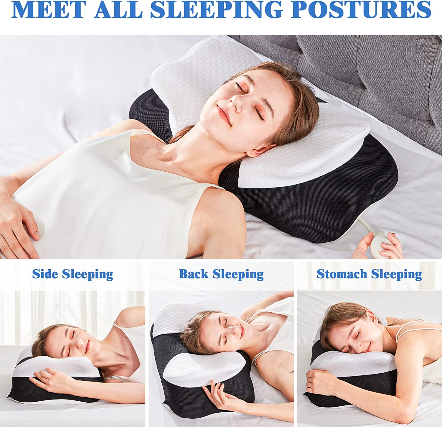 Cervical Memory Foam Pillows, Side Sleeper Pillow for Neck Shoulder Pain Relive Orthopedic Contour Ergonomic Inflatable Height Adjustable Pillows with Air Bag for Back Stomach Sleepers