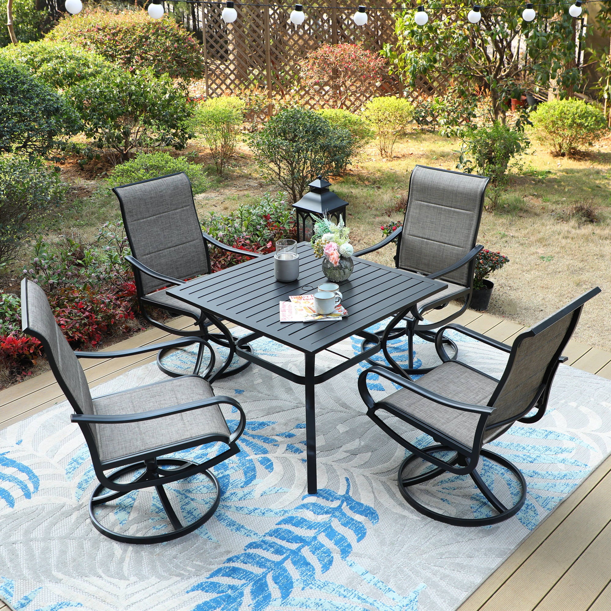 MF Studio 5-Piece Outdoor Patio Dining Set with High-Back Padded Swivel Chairs&Square Table for 4-Person, Black&Gray