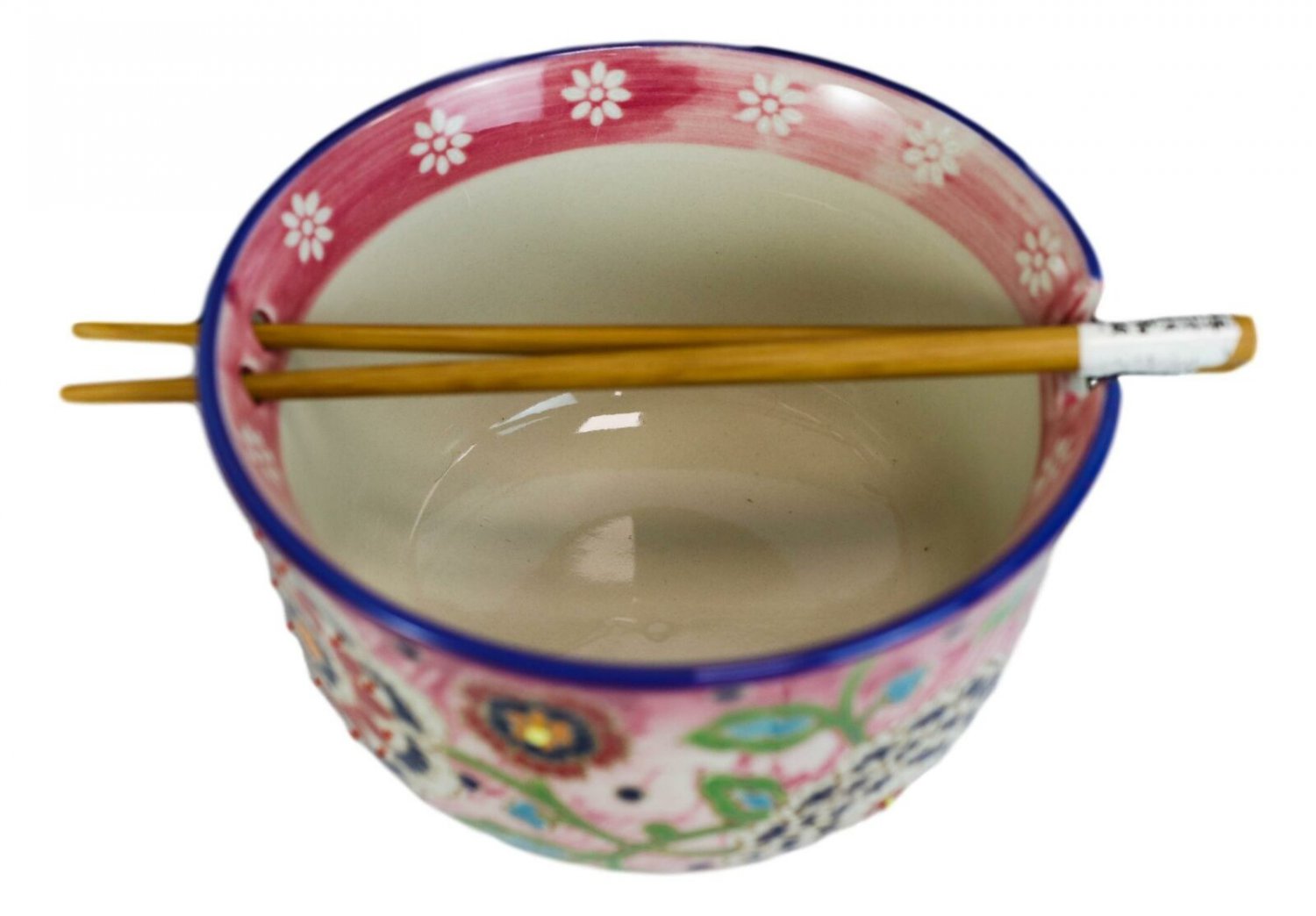 1 Floral Pink Polkadot Art Splash Ramen Noodles Soup Large 6D Bowl W/ Chopsticks EBR02