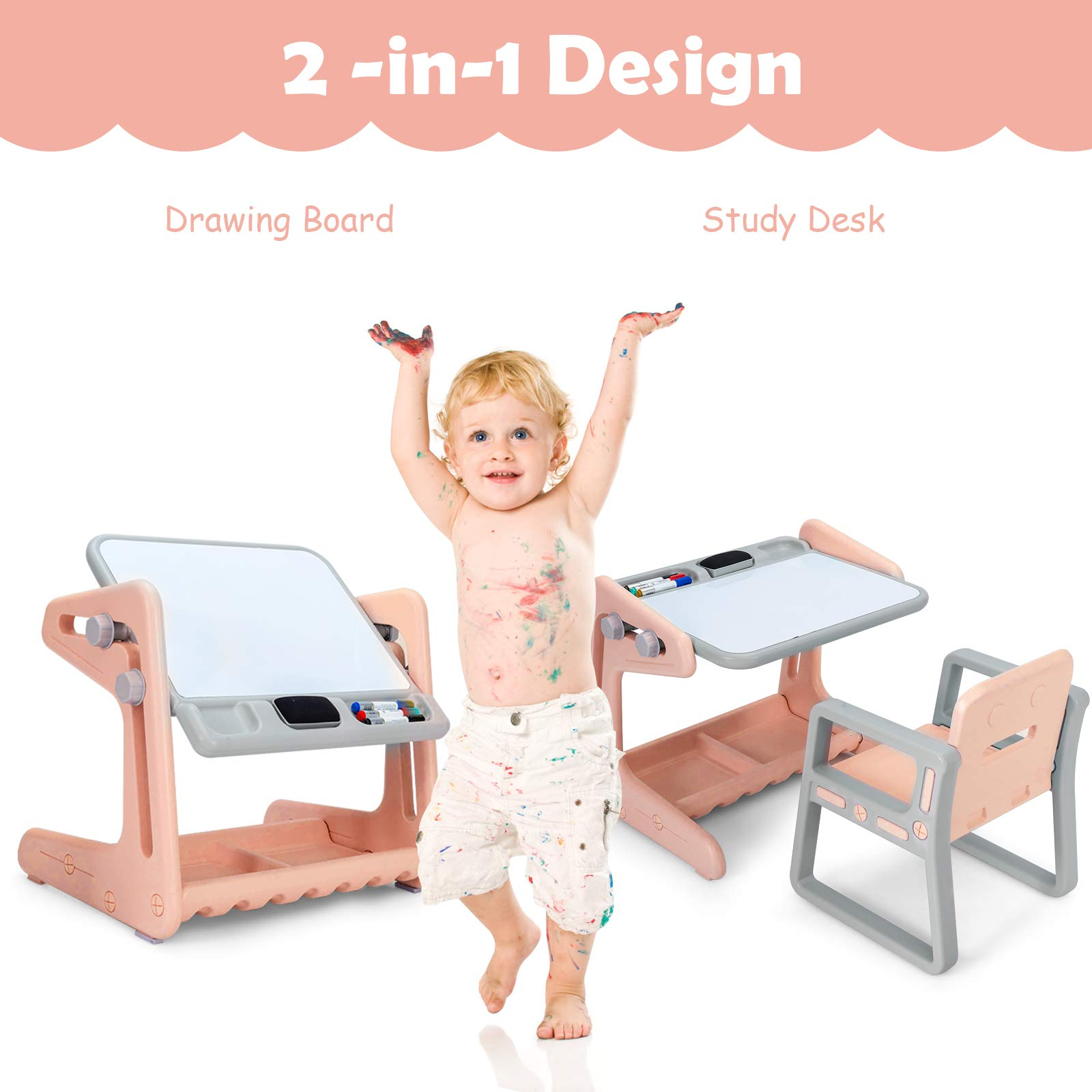 Costzon 2 in 1 Kids Table & Chair, Art Easel w/ Adjustable Magnetic Painting Board