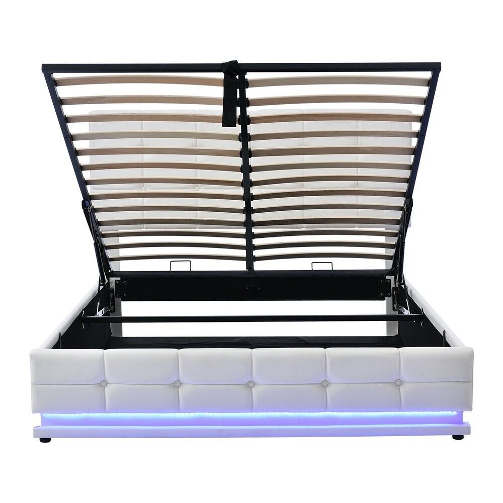 Queen Size Upholstered Bed with LED Lights and Hydraulic Storage System  Two Nightstands with Mirror and Retractable Table