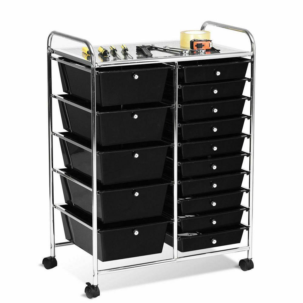 Costway 15-Drawer 4-Wheeled Rolling Storage Cart Tools Scrapbook Paper Office School Organizer in Black HW53825BK