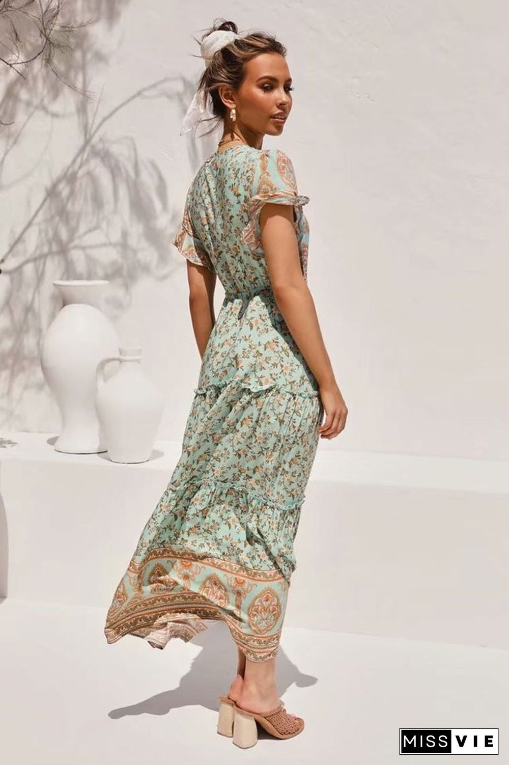 Ruffle Sleeve High Waist Bohemian Print Maxi Dress