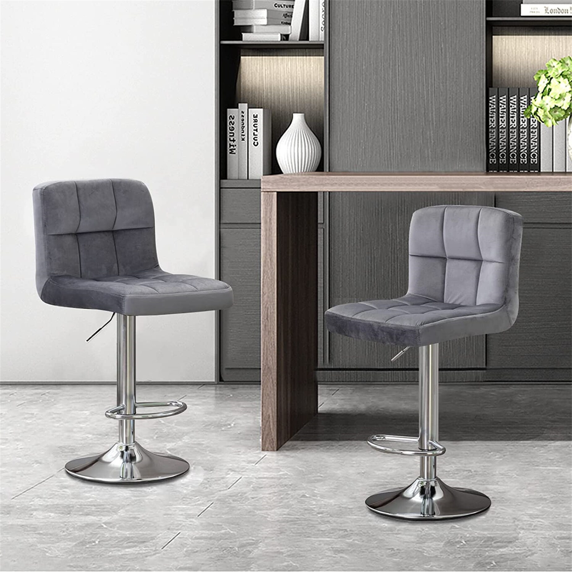 Swivel Velvet Bar Stools Back Height Adjustable Tall (Set of 2)