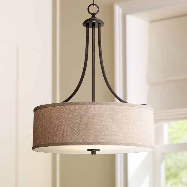 Wide Farmhouse Rustic Oatmeal Linen Drum Shade Fixture For Dining Room Kitchen Island