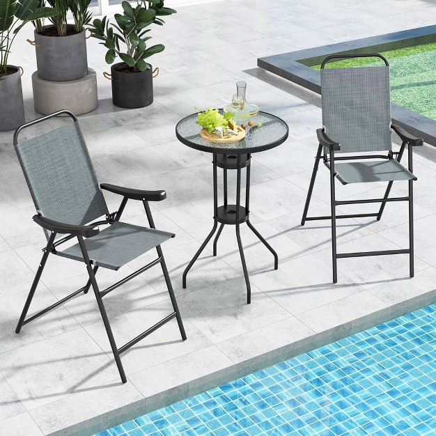 Tangkula 4 Pcs Patio Bar Chair Folding Bar Height Metal Frame W Footrest Garden Blue