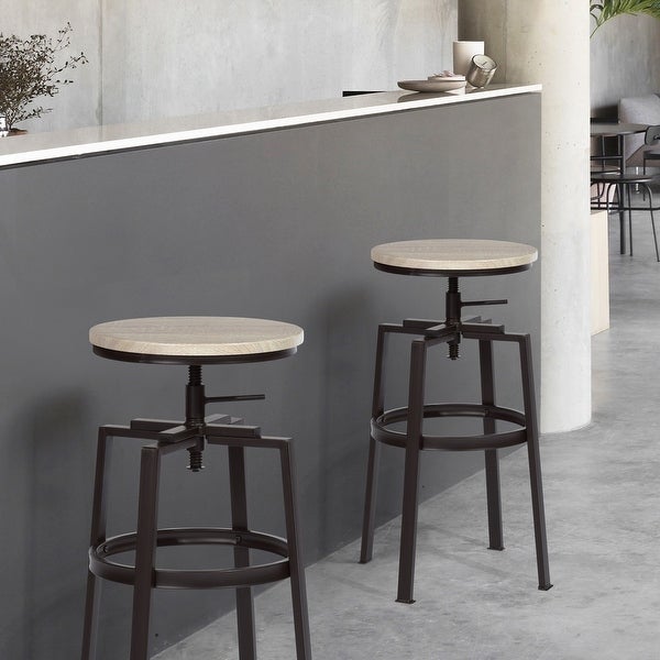 Set of 2 Swivel Adjustable Height Metal and Wood Bar Stools