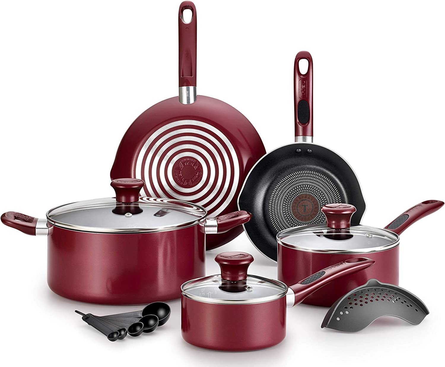 T-fal Excite ProGlide Nonstick Thermo-Spot Heat Indicator Dishwasher Oven Safe Cookware Set， 14-Piece， Red