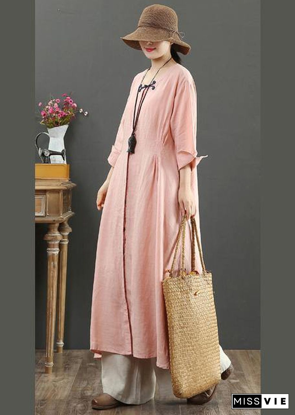 Handmade Pink Tunic Top O Neck Patchwork Maxi Spring Dresses