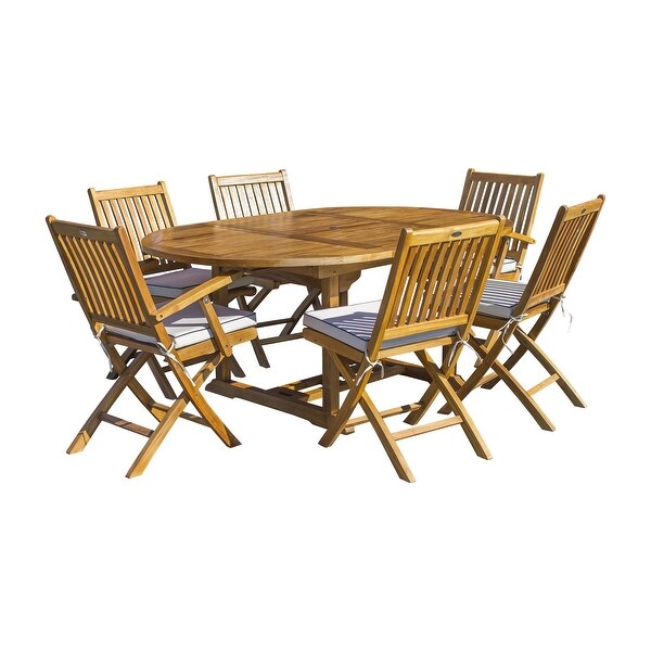 Seven Seas Teak 7 Piece Teak Wood San Diego Patio Dining Set with Round to Oval Extension Table，2 Arm Chairs and 4 Side Chairs